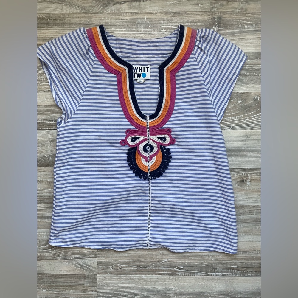 NWOT Whit Two Embroidered Short sleeve Blue Stripped Blouse Size XSP Cotton
